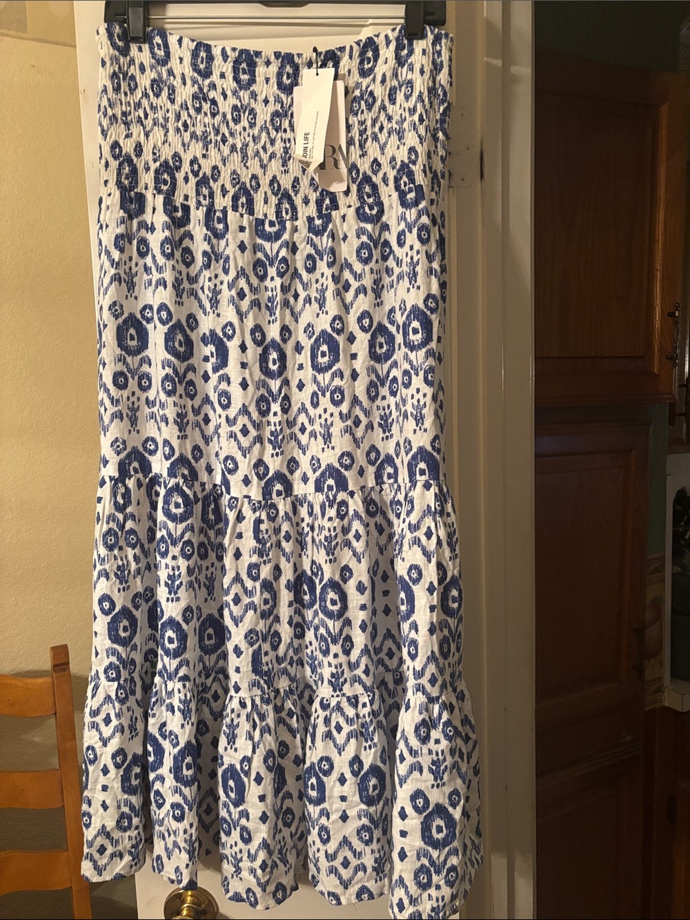 Zara Blue and White Printed Tiered Maxi Skirt